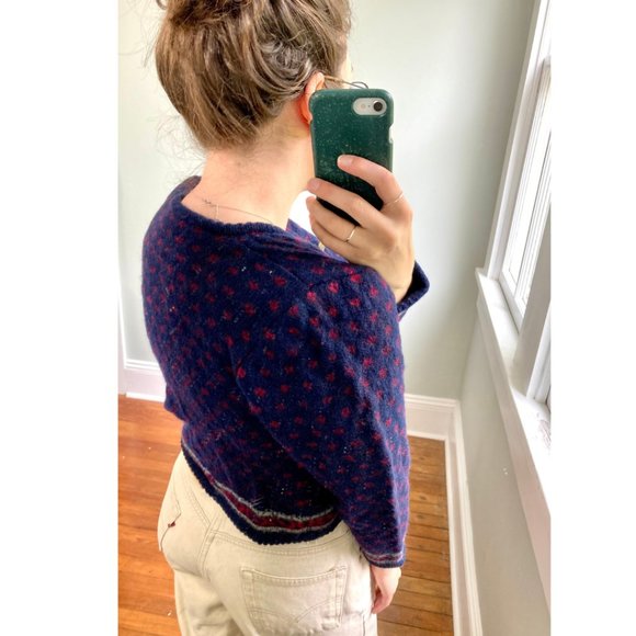 Vintage Crop Button Up Navy Blue Polka Dot Wool Cardigan Sweater - Picture 5 of 8